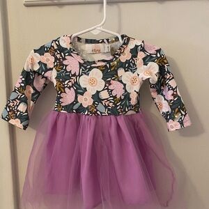Floral Long Sleeve Dress with Purple Tulle Skirt